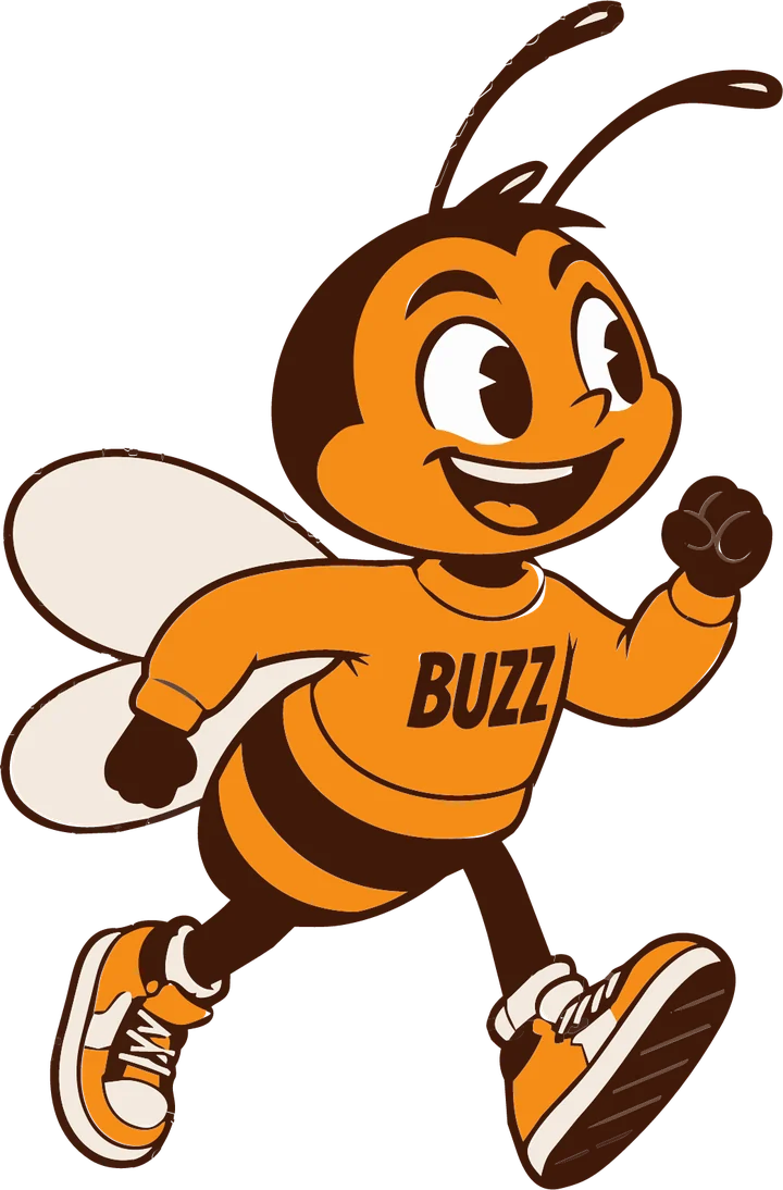 Buzz the bee, the Solitaire Buzz mascot, striding forward with a fist raised